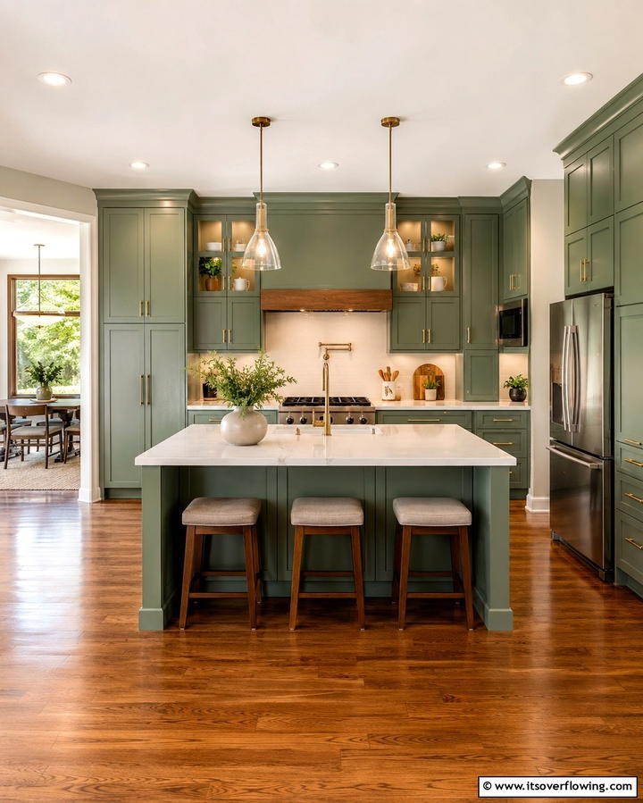 Jade Green Cabinets with Chestnut Brown Flooring - 25 Warm Green and Brown Kitchen Design Ideas
