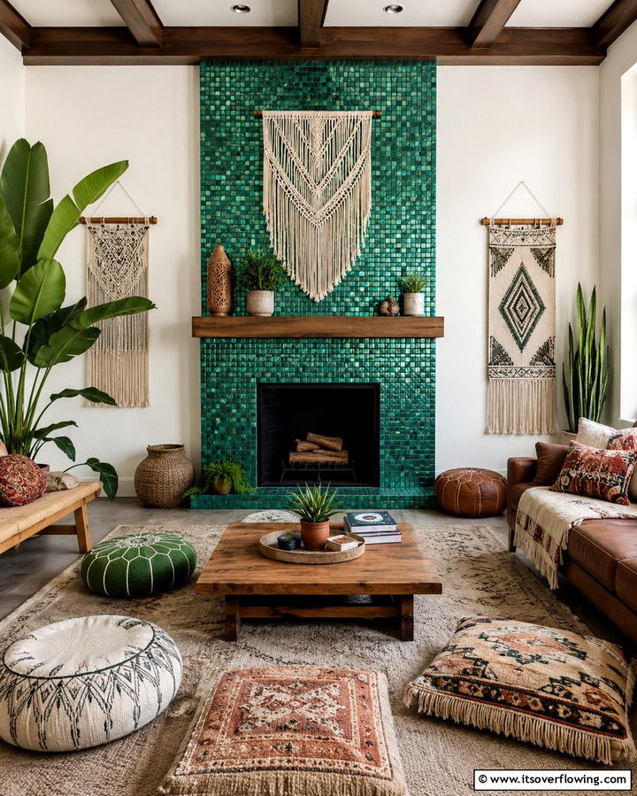 Jade Green Mosaic Tiles - 25 Green Fireplace Ideas for a Cozy and Eco-Friendly Home