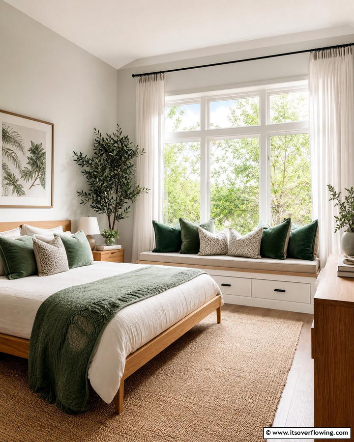 Jade Green Throw Pillows on a Window Seat - 20 Jade Green Bedroom Ideas for a Calming Atmosphere
