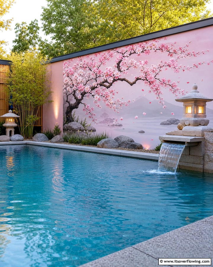 Japanese Cherry Blossom Bliss - 20 Pool Mural Ideas to Enhance Your Backyard Oasis