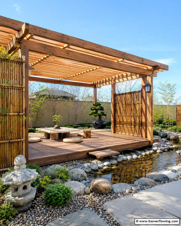 Japanese Inspired Pergola with Bamboo Accents - 25 Patio Pergola Ideas for Stylish Outdoor Living
