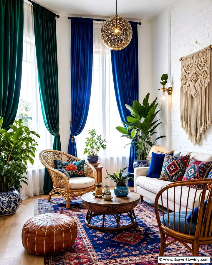 Jewel Toned Curtains - 25 Colorful Boho Living Room Ideas for a Vibrant Space