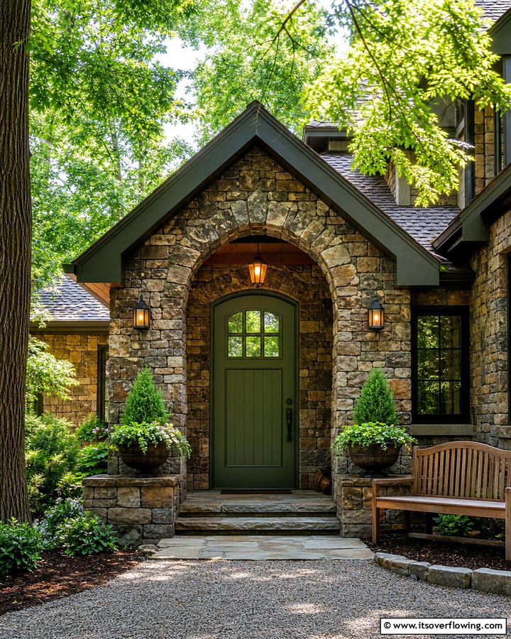 Juniper Green Door with Stone Surround - 20 Stunning Dark Green Front Door Ideas for Curb Appeal
