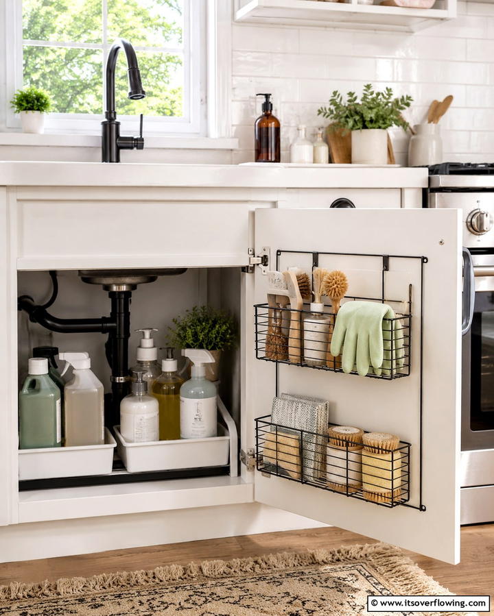 Keep Cleaning Tools in a Hanging Basket - 20 Kitchen Sink Organization Ideas to Maximize Space