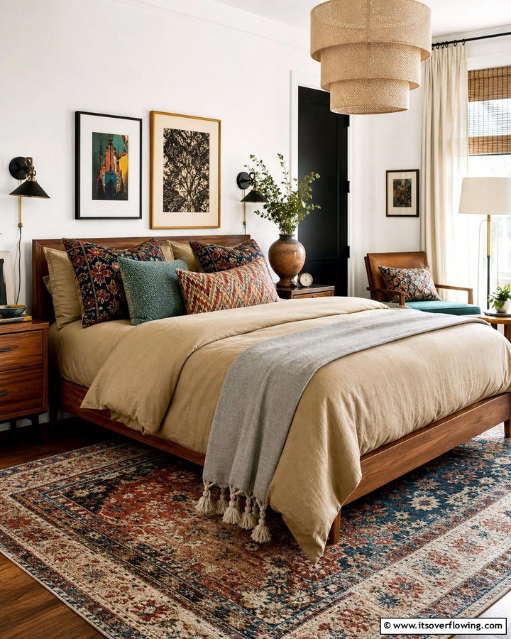 Khaki Bedding with Patterned Pillows - 20 Khaki Bedroom Ideas for a Neutral and Relaxing Space