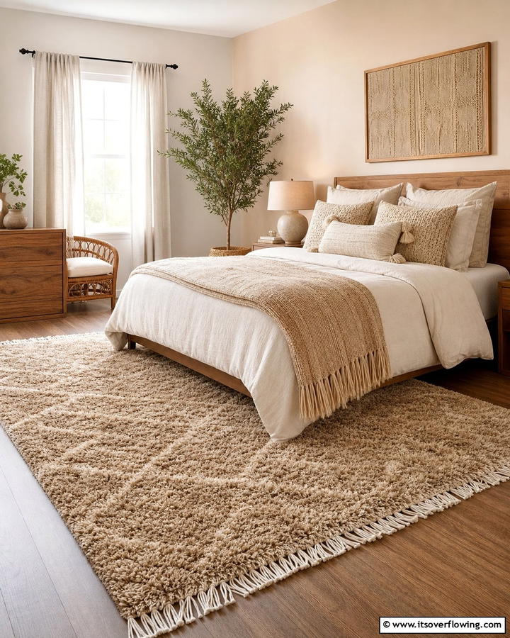Khaki Textured Rugs for Depth - 20 Khaki Bedroom Ideas for a Neutral and Relaxing Space