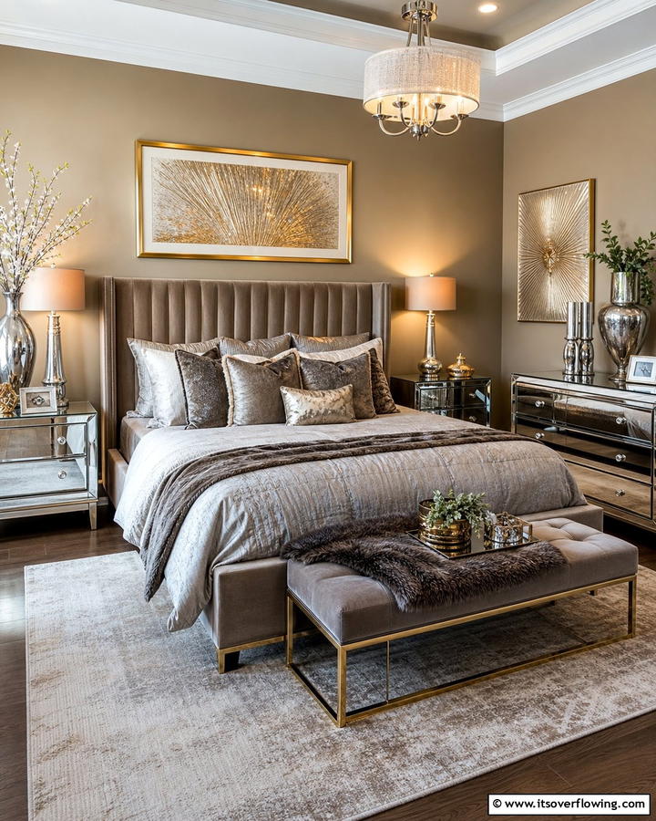 Khaki and Metallic Decor Mix - 20 Khaki Bedroom Ideas for a Neutral and Relaxing Space