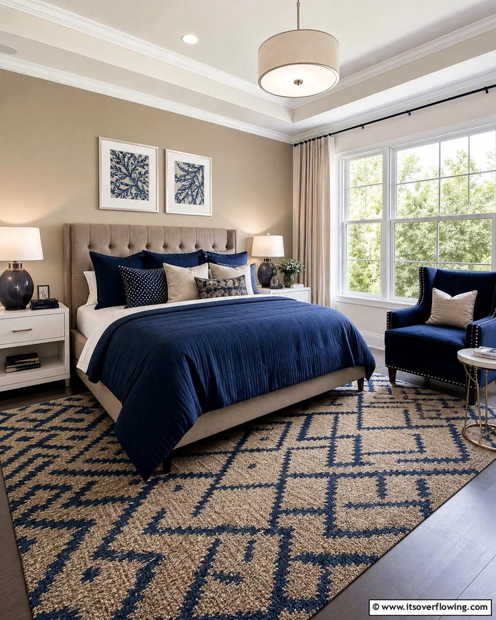 Khaki and Navy Blue Contrast - 20 Khaki Bedroom Ideas for a Neutral and Relaxing Space