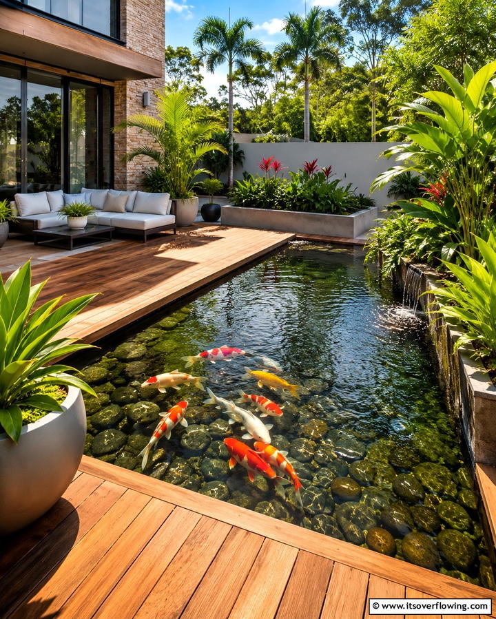 Koi Pond with Integrated Seating - 25 Koi Pond Ideas to Enhance Your Outdoor Space