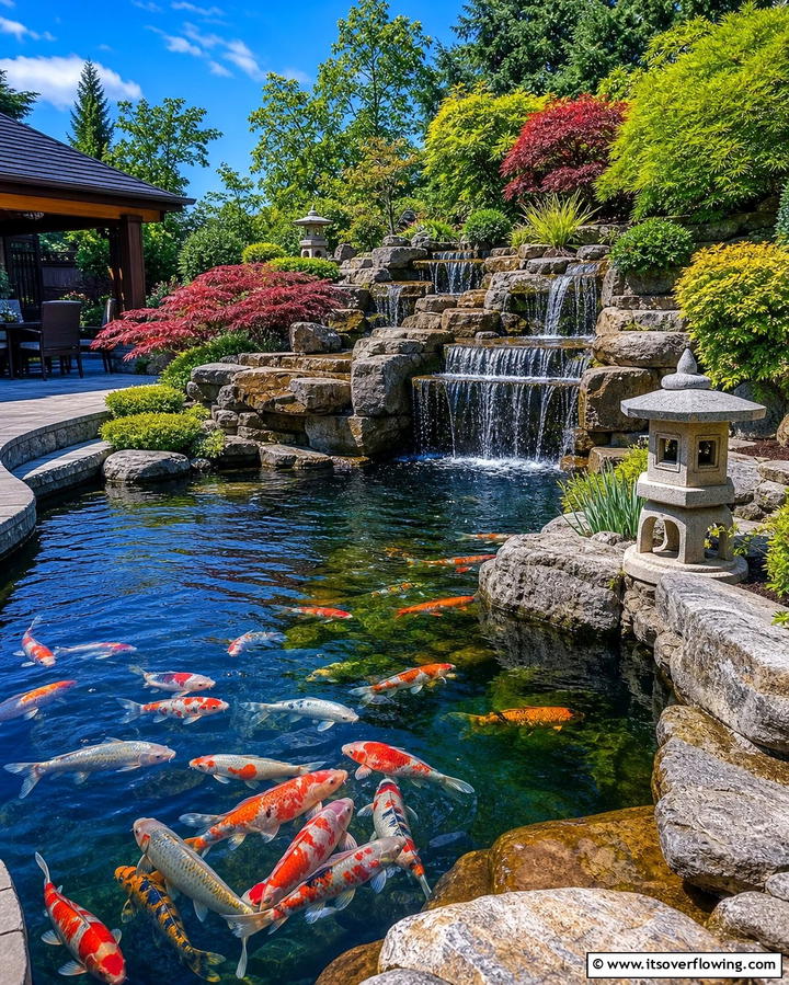 Koi Pond with Waterfalls for Serenity - 25 Pond Landscaping Ideas for a Tranquil Backyard