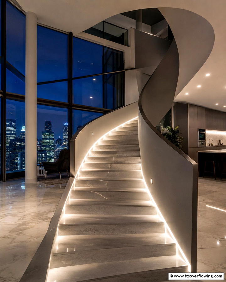 LED Lighting Accents - 30 Elegant Curved Staircase Designs to Elevate Your Home’s Style