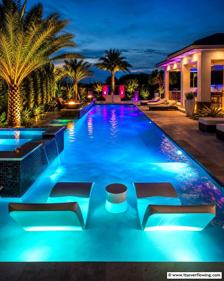 LED Lit Nighttime Pool - 21 Stunning Swimming Pool Designs for Backyard Oasis