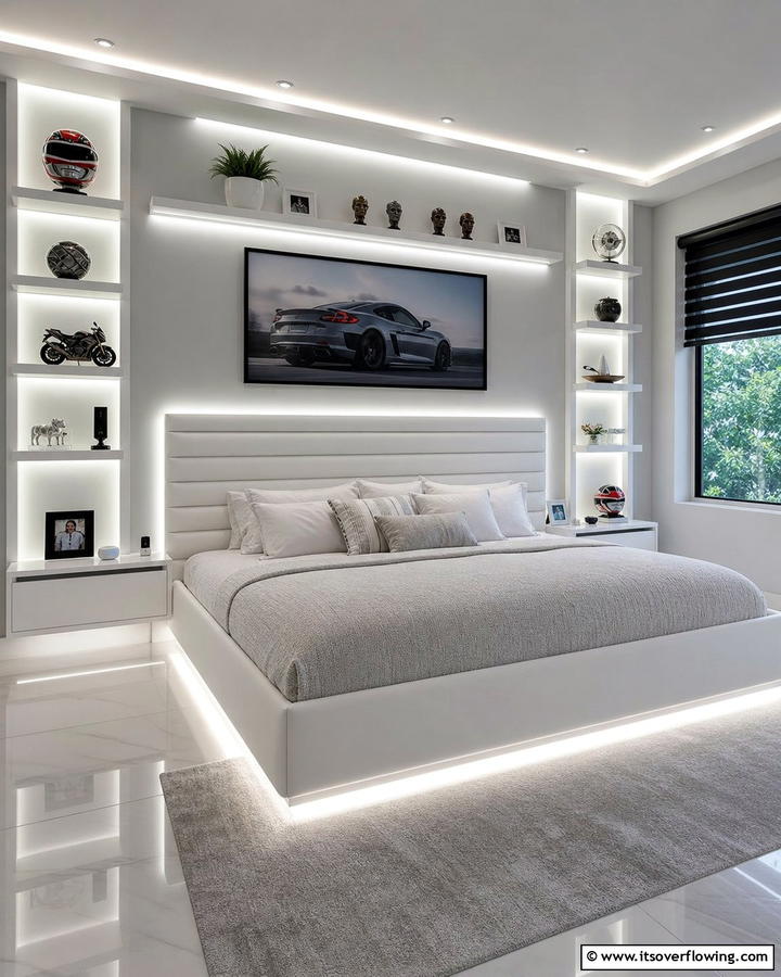 LED lit Custom Flair - 30 Bedroom Shelving Ideas for Storage and Display