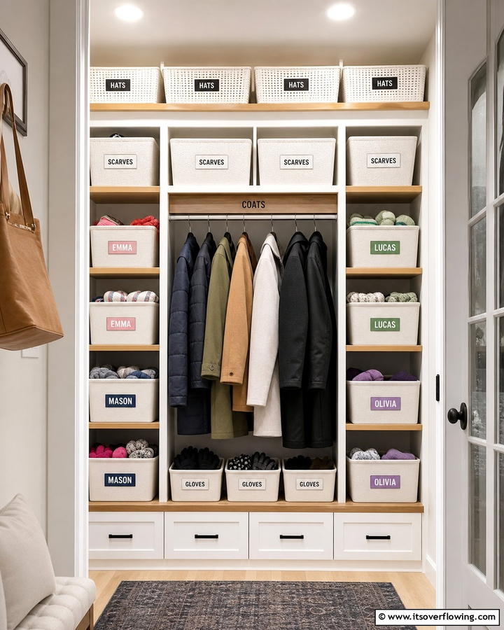 Labelled Bins for Efficient Organization - 20 Coat Closet Ideas for Organized Entryways