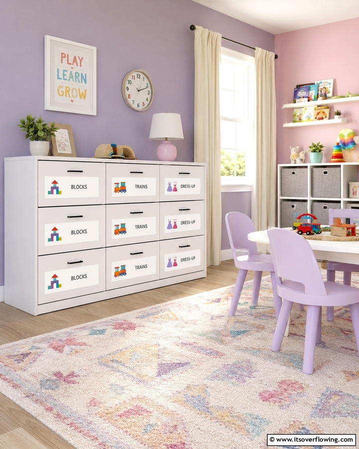 Labelled Drawer Units - 25 Playroom Storage Ideas to Keep Your Kids’ Space Organized