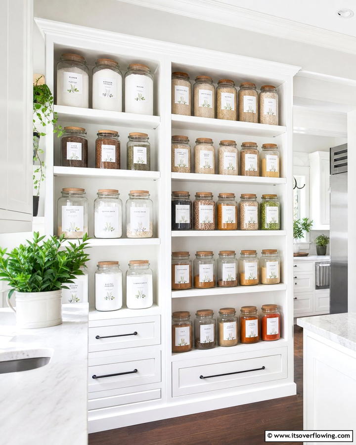 Labelled Glass Jar Displays - 21 Larder Cupboard & Pantry Ideas for Organized Kitchens