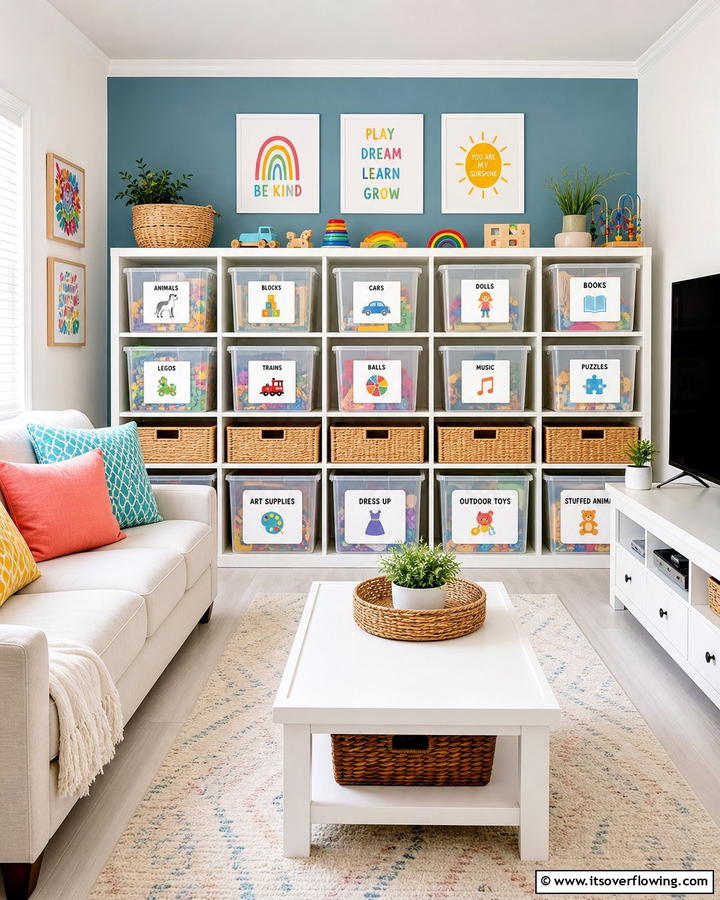 Labelled Storage Containers - 21 Living Room Toy Storage Ideas for Organized Spaces