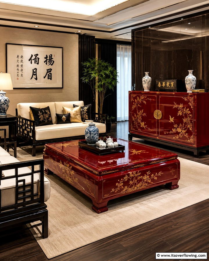 Lacquered Furniture - 25 Asian Living Room Ideas for a Zen Atmosphere