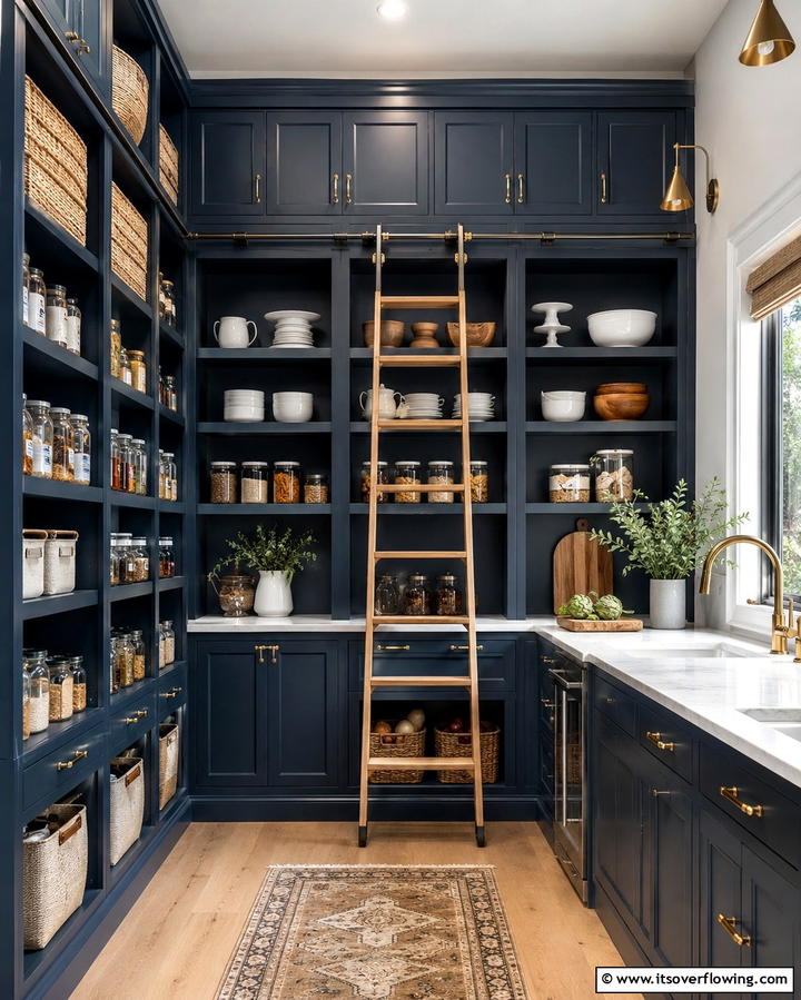 Ladder Access for High Shelves - 25 Open Pantry Ideas to Organize Your Kitchen