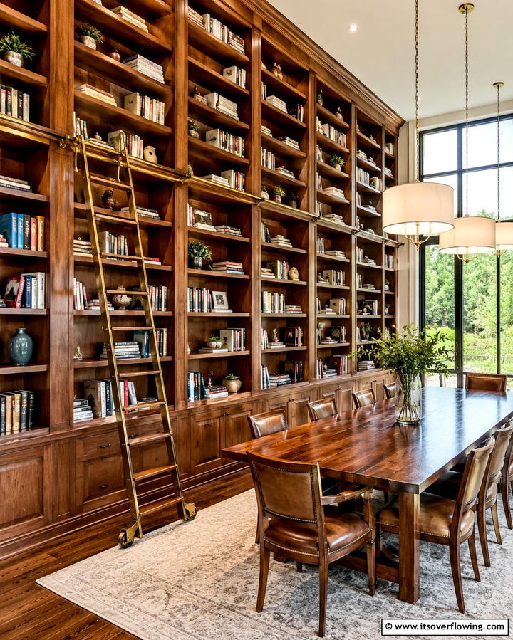 Ladder Accessible Shelving - 25 Library Dining Room Combo Ideas for Book Lovers