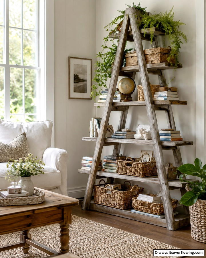 Ladder Bookshelves for a Rustic Charm - 25 Living Room Bookshelf Ideas for Stylish Storage