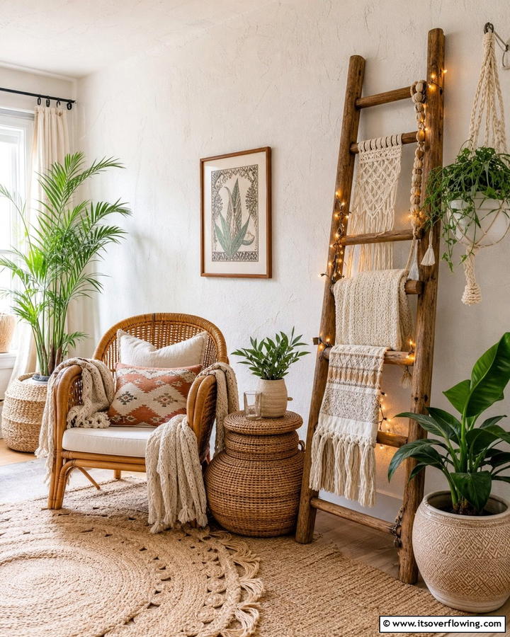 Ladder Decor - 25 Boho Wall Decor Ideas for a Vibrant and Artistic Home