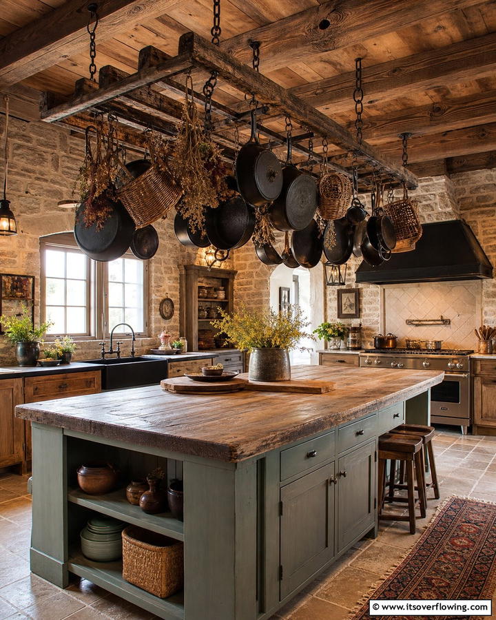 Ladder Pot Hangers - 20 Primitive Kitchen Ideas for a Rustic Charm