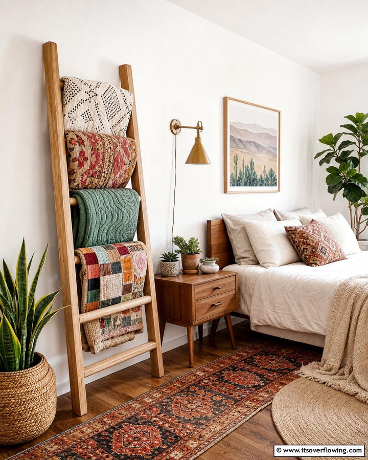 Ladder Shelf Storage - 25 Creative Bedding Storage Ideas for Small Spaces
