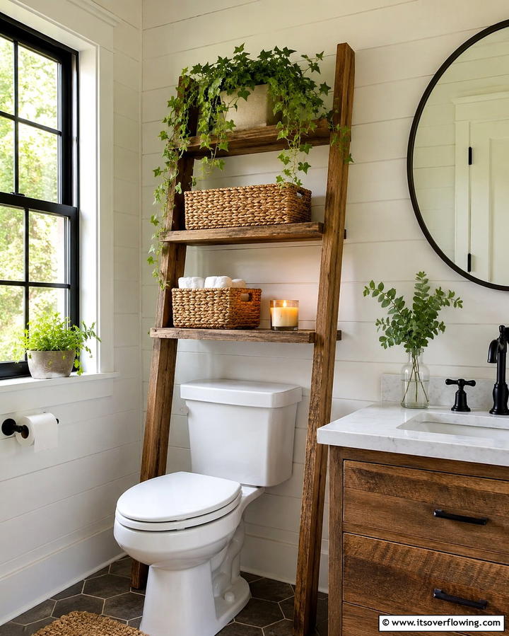Ladder Shelves for Rustic Charm - 25 Over Toilet Storage Ideas for Small Bathrooms