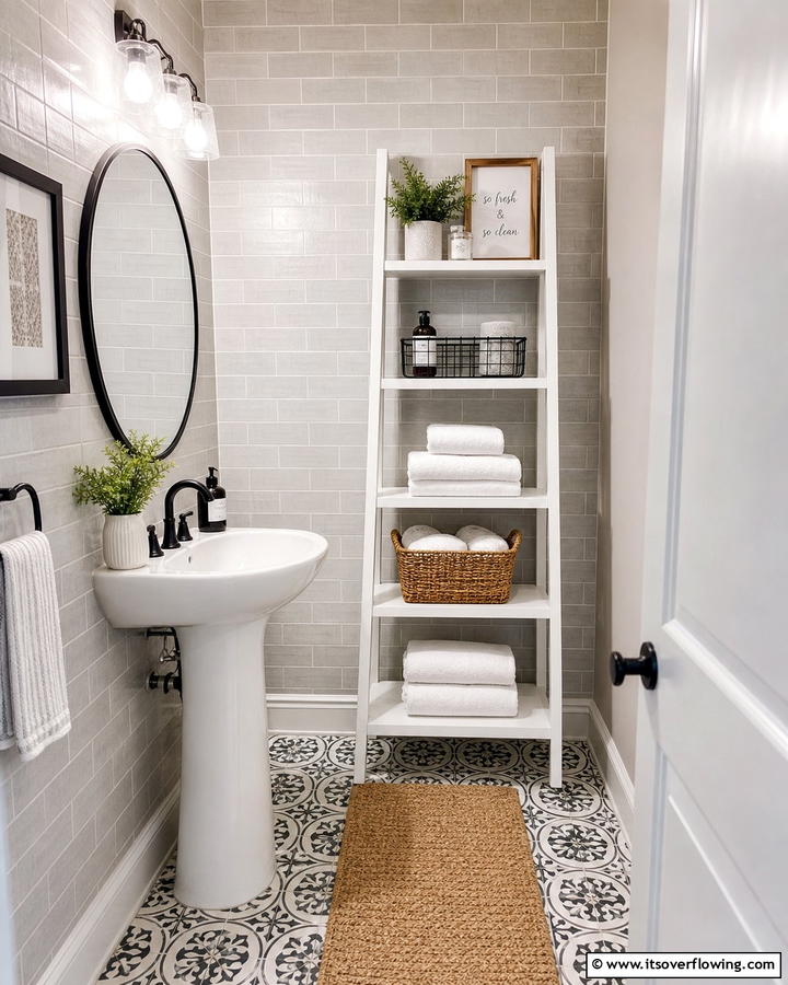 Ladder Shelves for Vertical Storage - 21 Small Bathroom Storage Solutions for Clutter-Free Spaces
