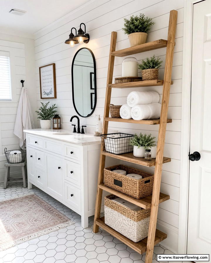 Ladder Style Shelves - 20 Bathroom Wall Storage Ideas for Organization