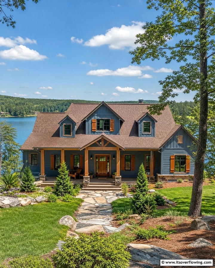 Lakehouse Serenity with Steel Blue - 25 Stunning Blue Exterior Home with Brown Roof Ideas