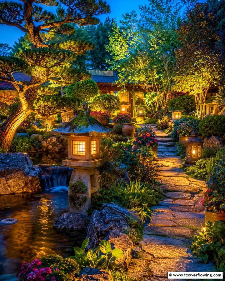 Lantern Lit Evening Garden - 30 Japanese Garden Ideas for Zen Outdoor Spaces