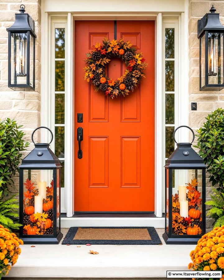 Lanterns with Autumn Accents - 25 Front Door Fall Decor Ideas for a Welcoming Entrance