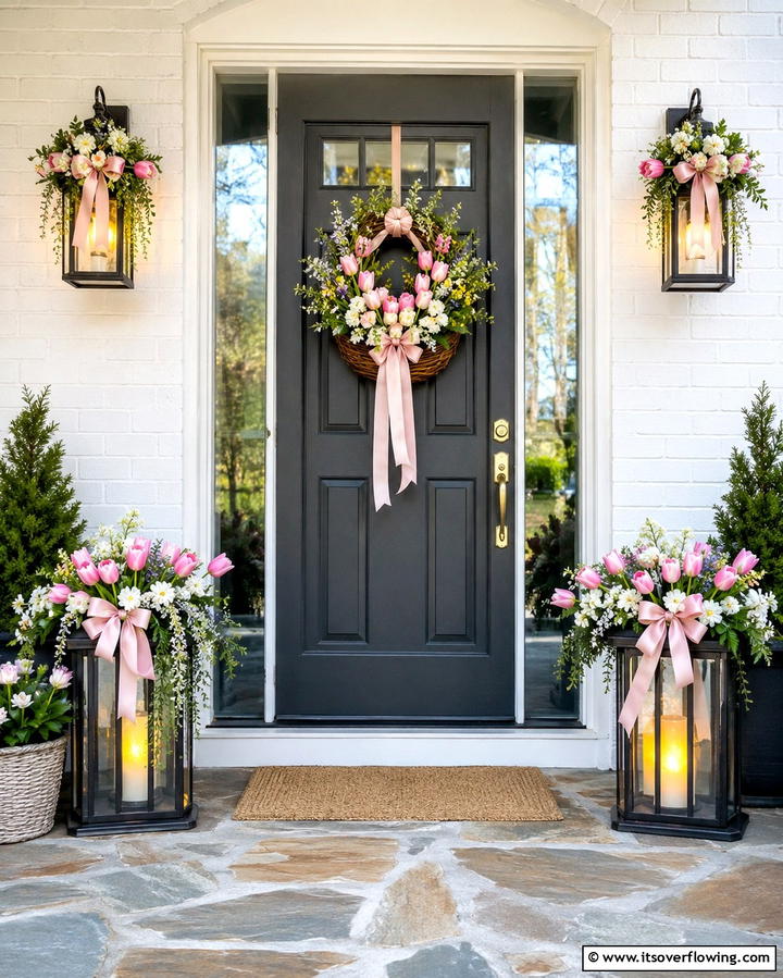 Lanterns with Seasonal Accents - 20 Spring Front Door Decor Ideas to Welcome the Season