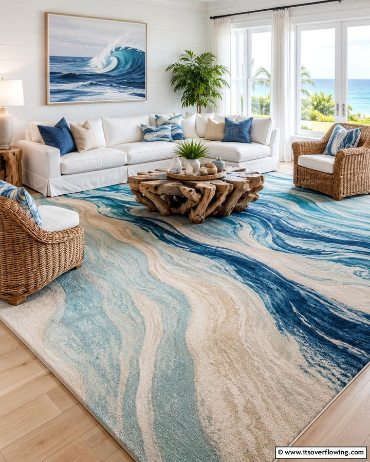 Large Area Rugs - 25 Beach House Living Room Ideas for a Coastal Vibe