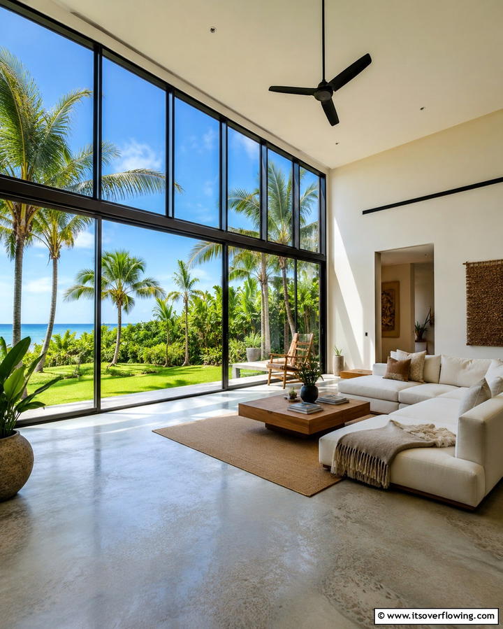 Large Floor to Ceiling Windows - 25 Tropical Living Room Ideas for a Vibrant Space