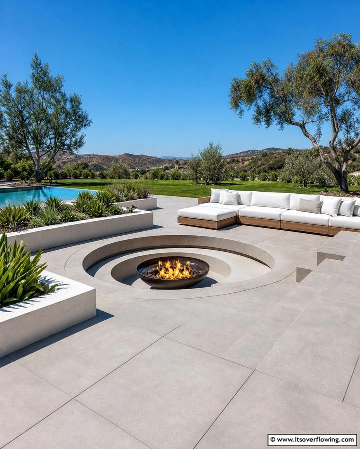 Large Format Concrete Pavers with Sunken Fire Pit - 25 Concrete Paver Patio Fire Pit Ideas for Cozy Nights