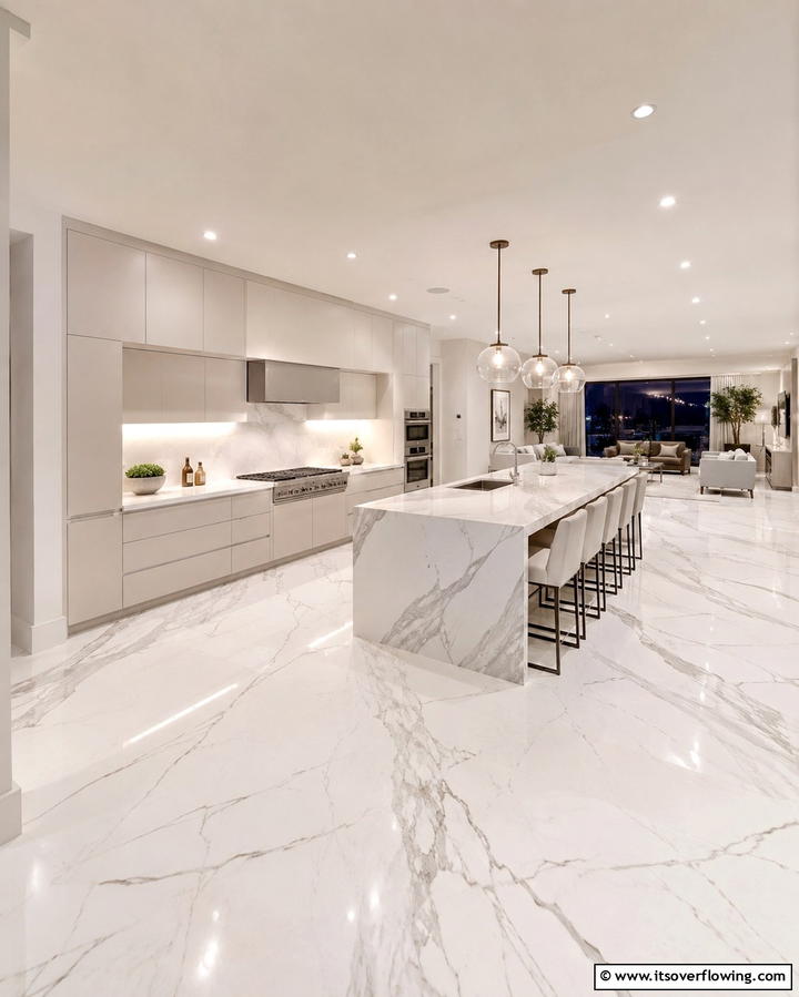 Large Format Marble Slabs - 25 Marble Kitchen Floor Ideas for Timeless Elegance