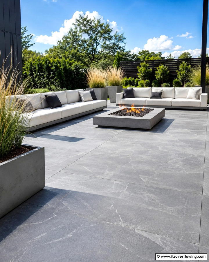 Large Format Stones for a Contemporary Look - 20 Stone Patio With a Fire Pit Ideas for Cozy Nights