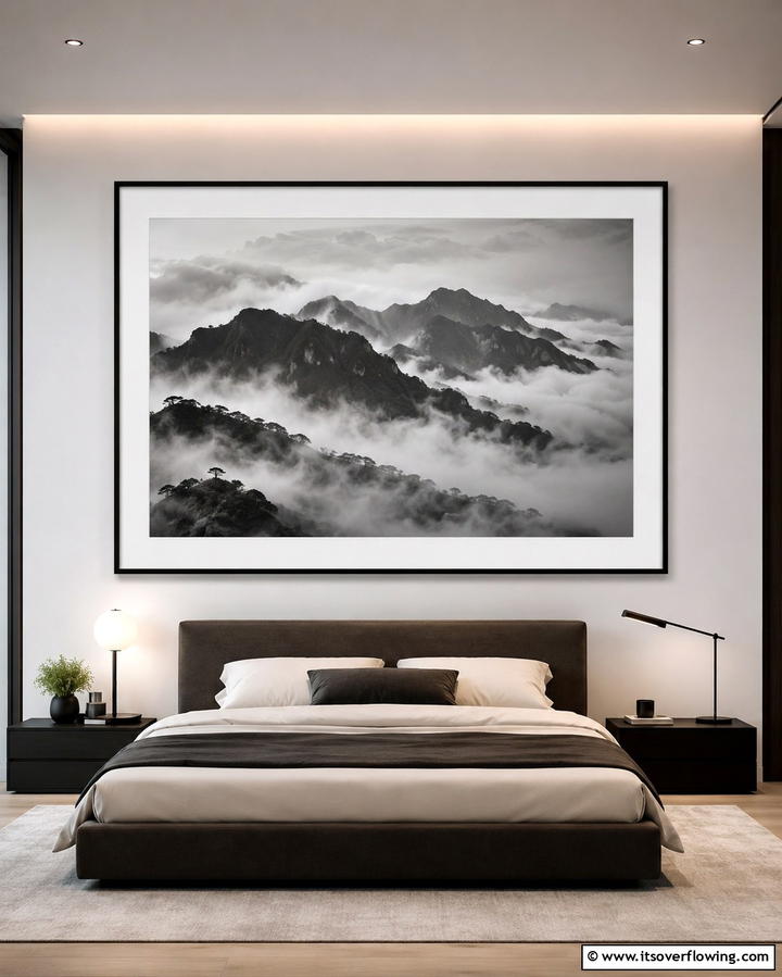 Large Framed Photography - 25 No Headboard Ideas for a Modern and Minimalist Bedroom