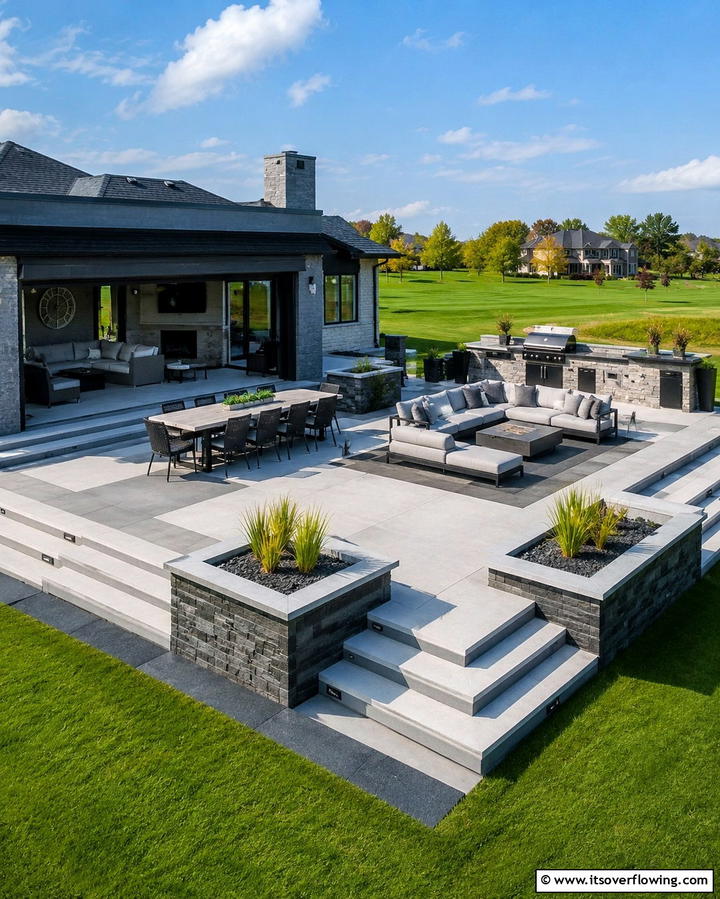 Large Raised Patio with Multiple Zones - 25 Raised Concrete Patio Ideas for a Modern Outdoor Space