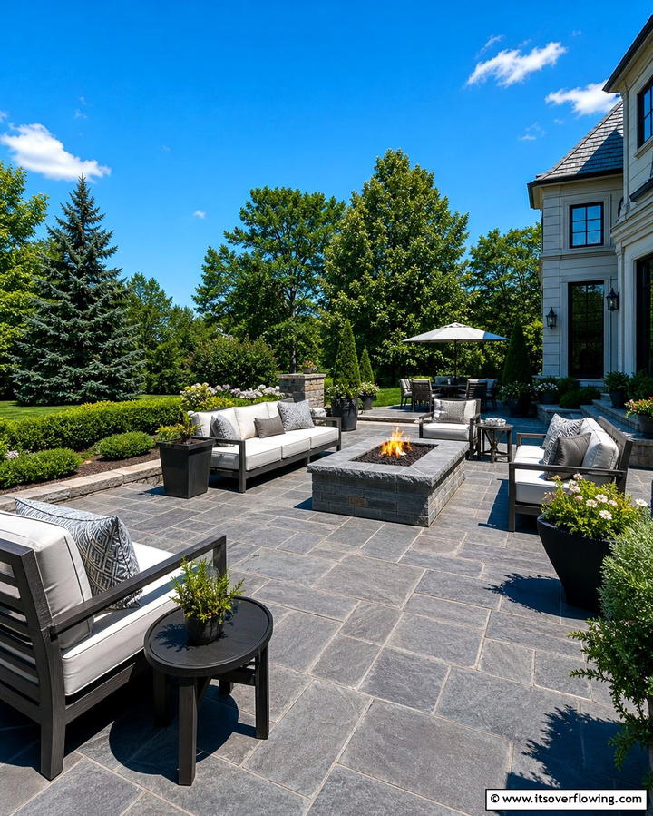 Large Stamped Concrete Patio with Fire Pit for Entertaining - 25 Stamped Concrete Patio With Fire Pit Ideas
