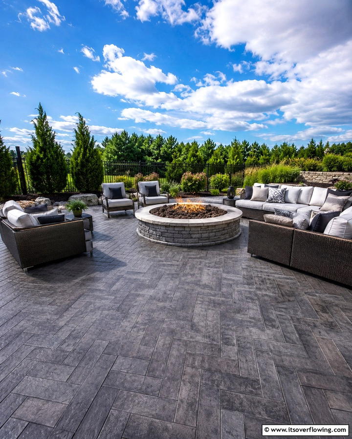 Large Stamped Concrete Patio with Oversized Fire Pit - 20 Stamped Concrete Patio With Fire Pit Ideas