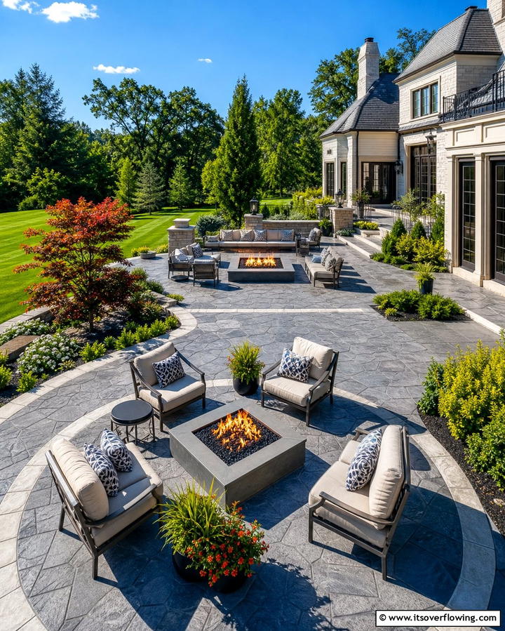 Large Stamped Patio with Multiple Fire Pit Zones - 25 Stamped Concrete Patio With Fire Pit Ideas