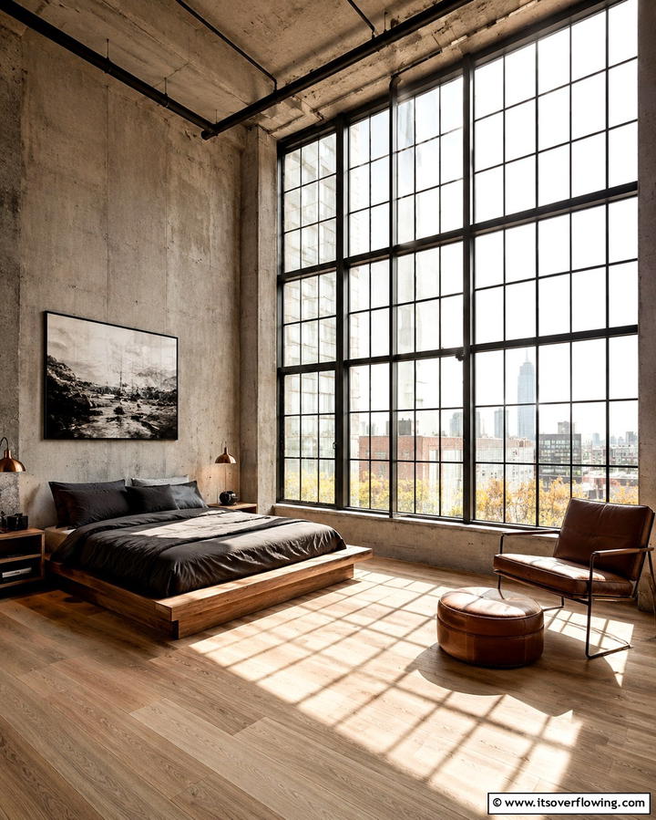 Large Windows with Metal Frames for Natural Light - 25 Industrial Bedroom Ideas- Urban & Stylish Designs