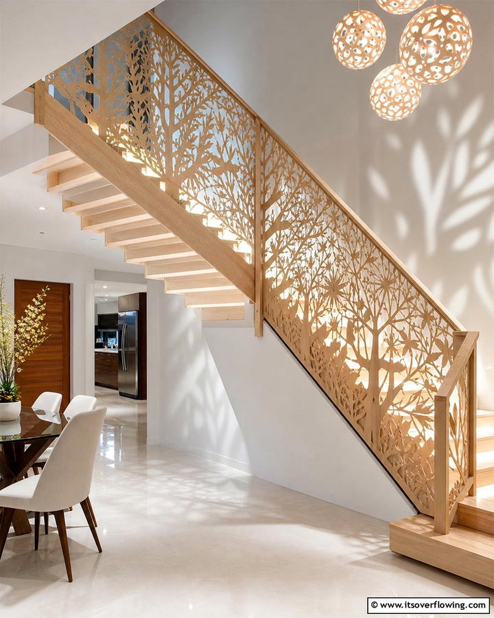 Laser Cut Wooden Panel Railing - 30 Wood Stair Railing Ideas for Warm Architectural Detail