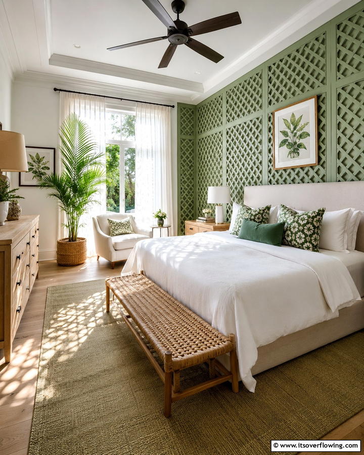 Lattice Pattern Panelling - 30 Green Panelling Ideas for a Serene Bedroom