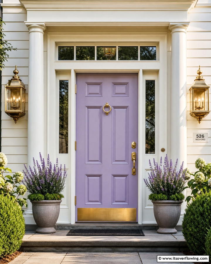 Lavender Door with Brass Accents - 20 Lavender Front Door Ideas for a Welcoming Entrance