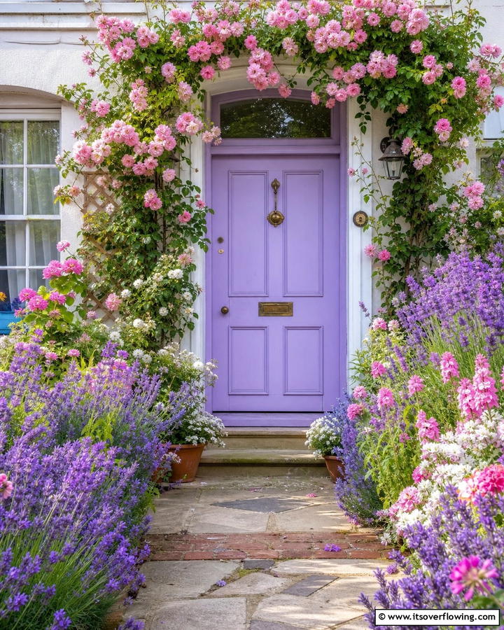 Lavender Door with Floral Surroundings - 20 Lavender Front Door Ideas for a Welcoming Entrance